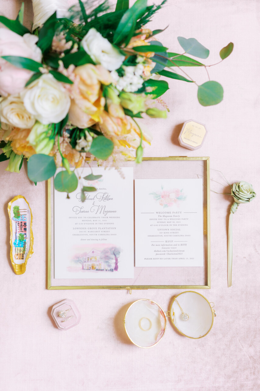 catherineannphotography-wedding-53121-rachaelsimran-2 A watercolor wedding invitation featuring the couple's wedding venue illustration.